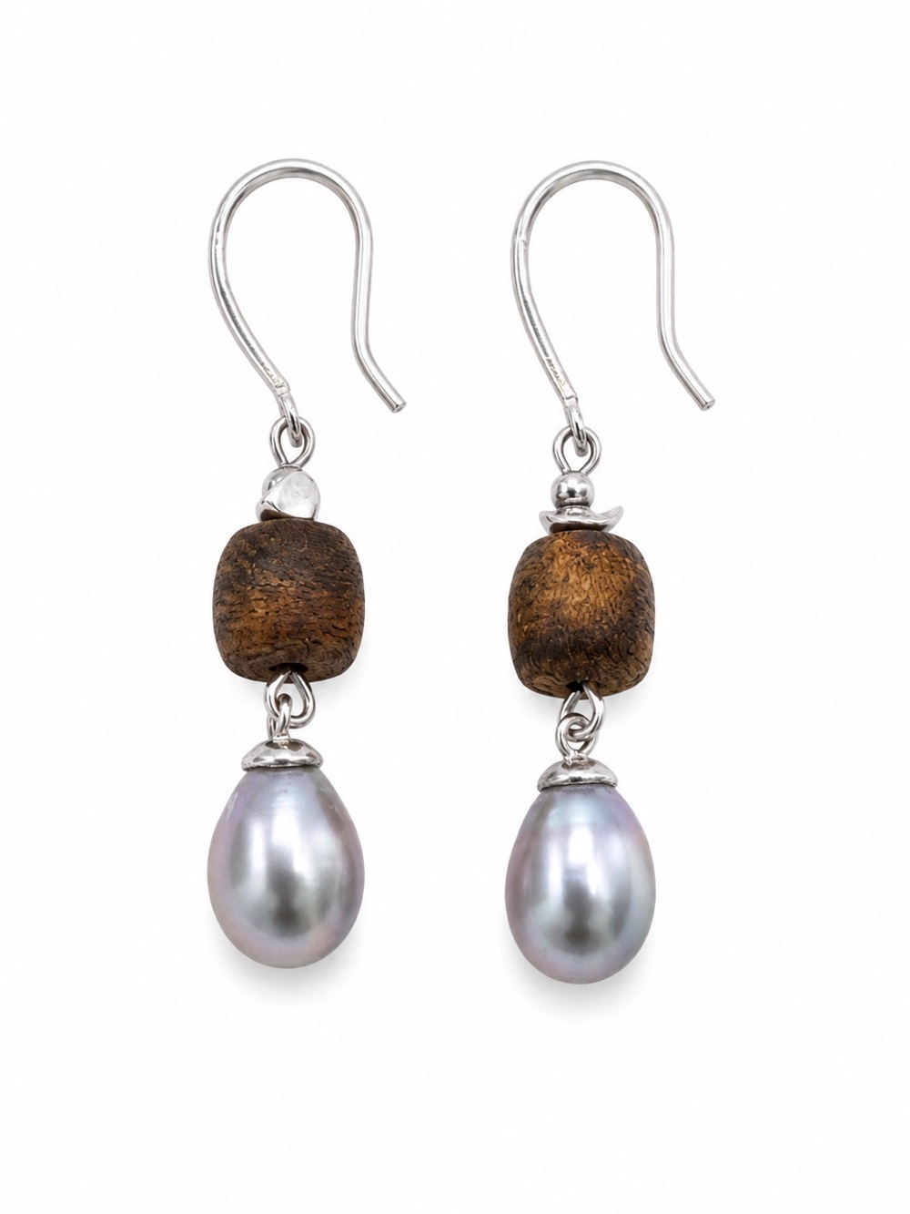 Freshwater Pearl and Wood Dangle Earrings (#E128)